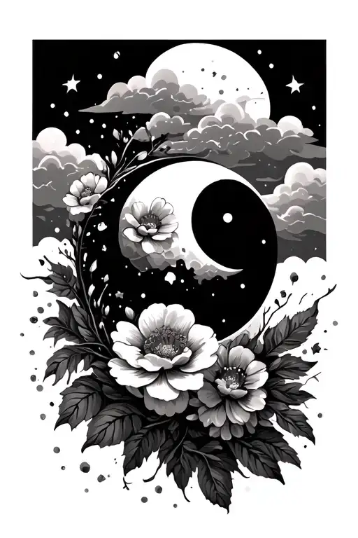 Moon Surrounded By Flowers And Clouds Forming