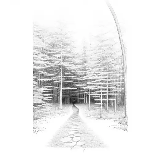 A Serene Forest Scene With A Winding Pathway Leading Towards A Glowing Cross