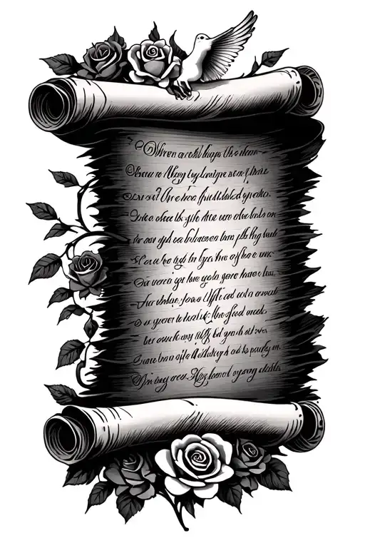 A Scroll With A Bible Verse Written With Roses And A Single Dove Around It