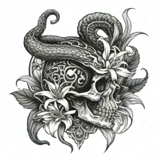 Snake Wrapped Tightly Around A Skull Surrounded By Spider Lily Flowers
