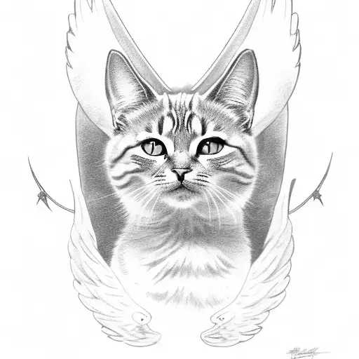 Side Cat With Long Tail And Angel Wings In The Moon