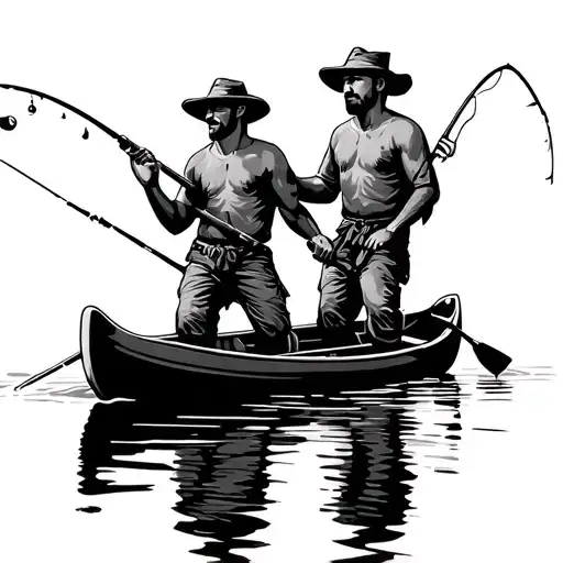 Two Man Fishing On Canoe Floating