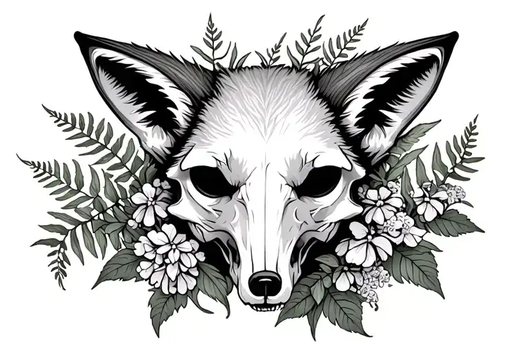 Realistic Fox Skull Surrounded By Fern Leaves And Lilacs Blooming