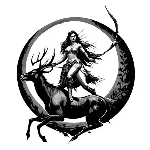 Artemis Holding A Bow And Arrow Riding A Buck In Front Of A Large Crescent Moon