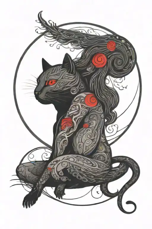 A Red Moon With Intricate Lineart Of A Woman And A Cat