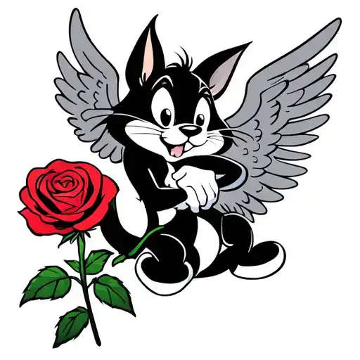 Sylvester Cat From Loonie Tunes With Angel Wings Holding A Rose