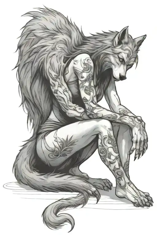 A Big Wolf Werewolf Sits And Hugs A Beautiful Young Woman With One Paw