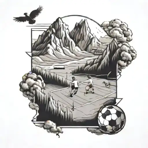 A Mountain Landscape With A Soccer Field And Players Wearing Chicken Wing Inspired Jerseys