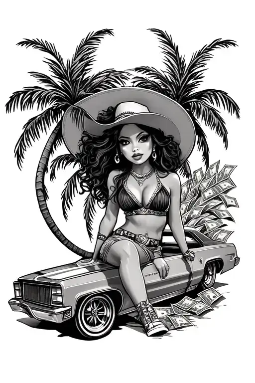 Chicano Girl With Low Rider Money And Palm Trees