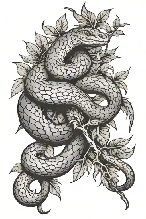 Snake On A Thorny Branch With Leaves