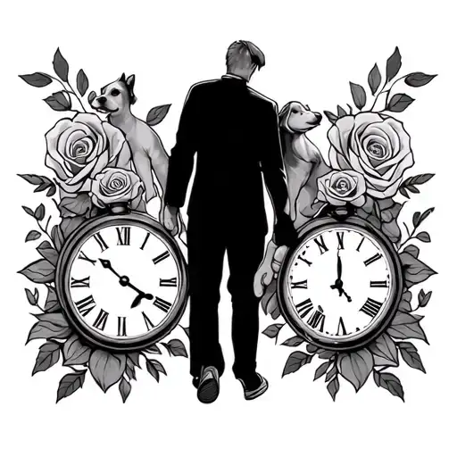 Father And Son Holding Hands With Clock And Roses And A Puppy Palm