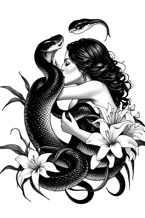 Woman Kissing A Snake Surrounded By Spider Lilies