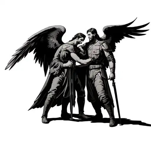 Angel Gabriel And Angel Kastiel Patting Down The Shoulder Of Azrael Wearing A Military Uniform