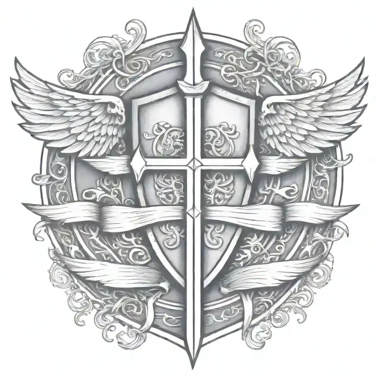 Templar Shield And Sword With Wings Behind A Cross With Ribbon