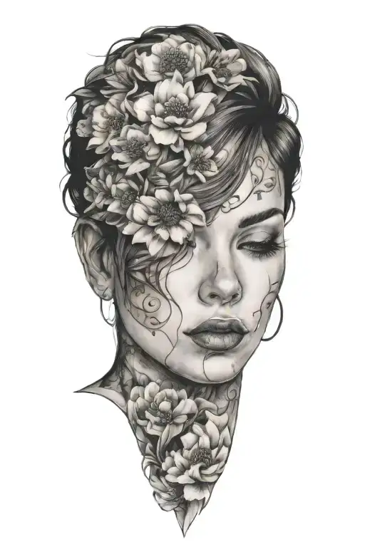 Beautiful Woman Facing Forwards With Her Eyes Closed And Blossoms All Around Her
