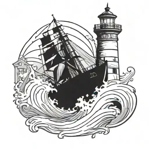 A Black-grey Tattoo Of A Ship Navigating Through Rough Seas With A Lighthouse Guiding The Way