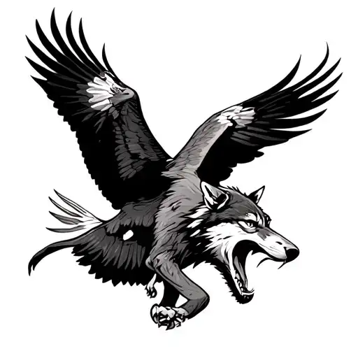 Eagle Flying Over A Snarling Wolf