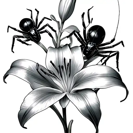 Lilies With Black Widow Spiders With Webs