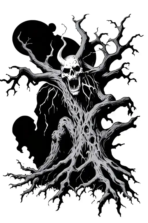 Dead Tree With Broken Demon Ghost Behind It