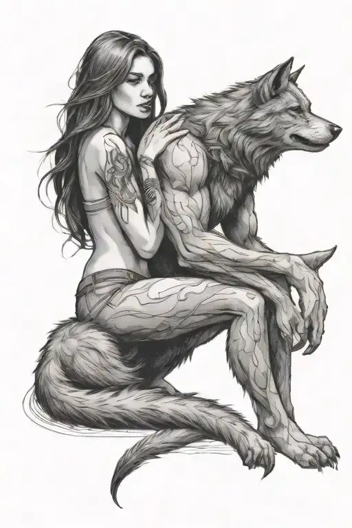 A Big Wolf Werewolf Sits And Hugs A Beautiful Young Woman With One Paw
