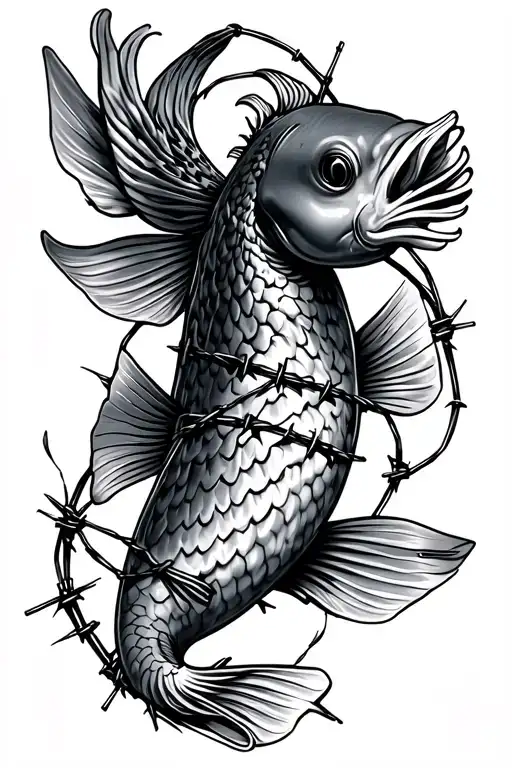 Koi Fish Wrapped In Barbed Wire