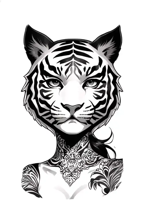 Girl With Character With Tiger Mask On Her Head