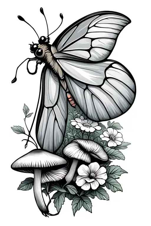 Luna Moth With Mushrooms And Flowers