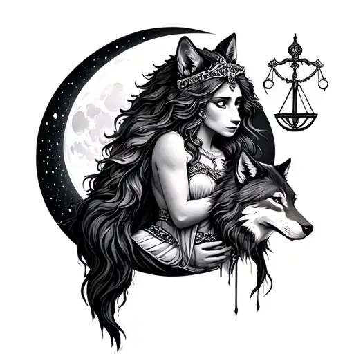 Moon And Wolf And Libra Goddess Holding