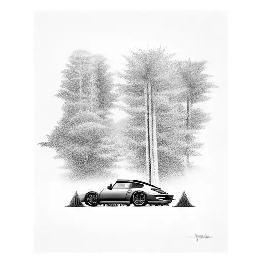 A Sleek Porsche Speeding Through A Forest With Roman Temples Hidden Among The Trees