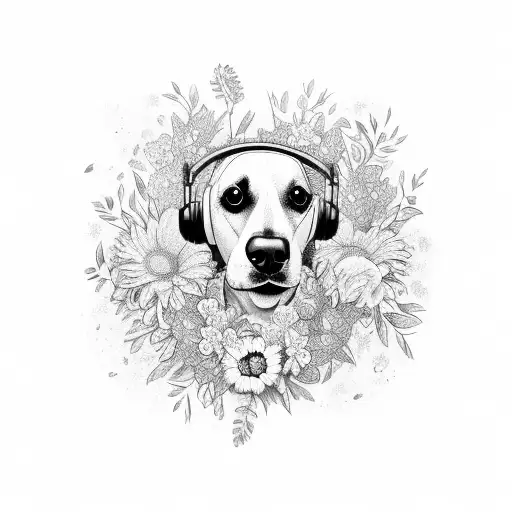 A Dog Wearing Headphones Surrounded By A Field Of Colorful Flowers