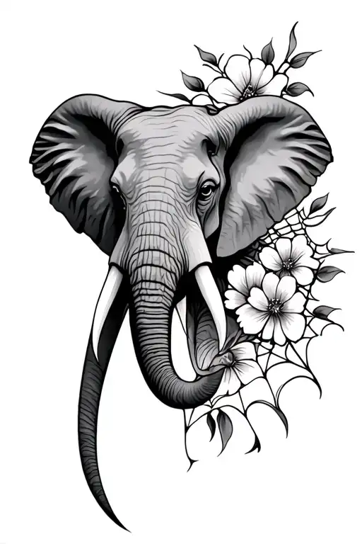 Elephant Head With Spider Webs And Flowers