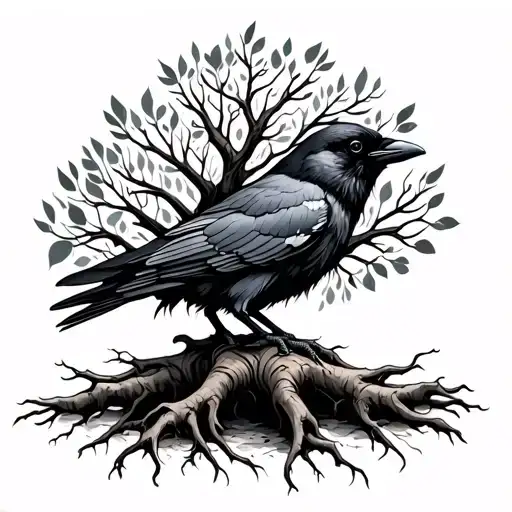 Tree Roots With Crow In Skandinavian Style