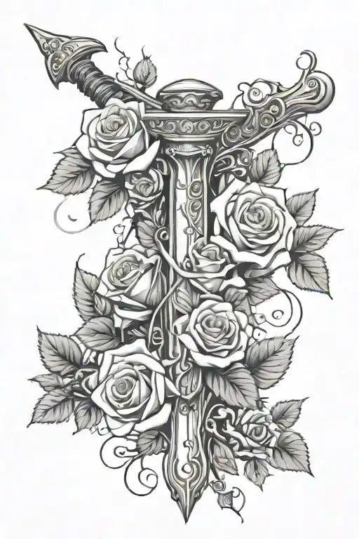 Roses Of Sharon Vines With A Few Roses And More Vines Around A Sword And The Sword Straight Down