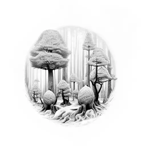 A Mystical Forest Landscape Tattoo With Hidden Energy Orbs Representing Souls Of Living Beings