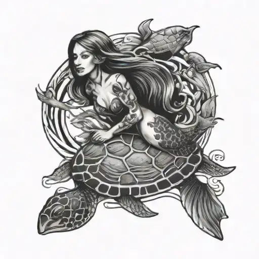 Mermaid And Turtle Swimming