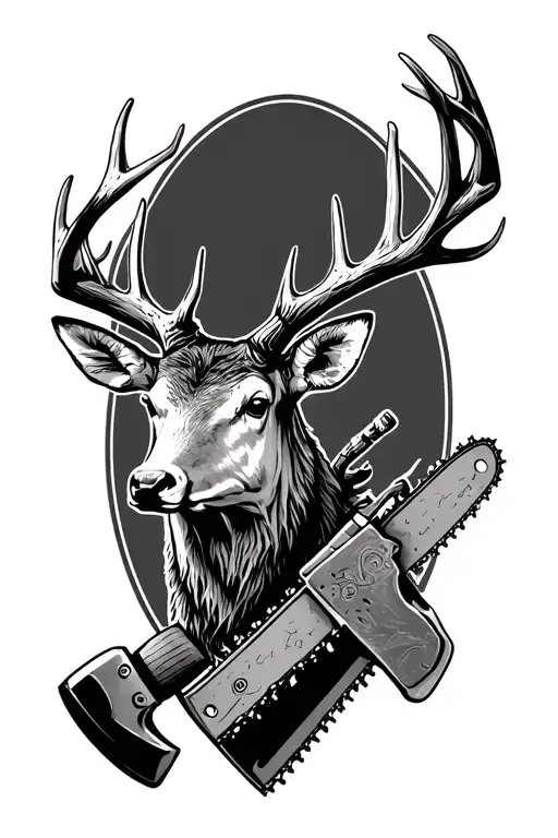 Deer Antler Mountin With Chainsaw And Axe Stuck