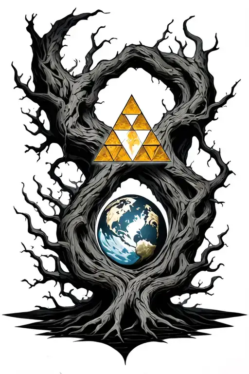 Triforce In Gnarled World Tree Intertwined