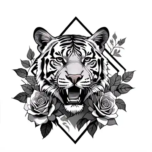 Tiger And Roses Inside A Diamond Shape