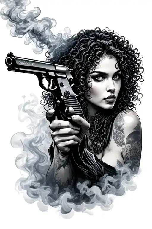 Woman Curly Hair Smoking Gun Surrounded By Smoke
