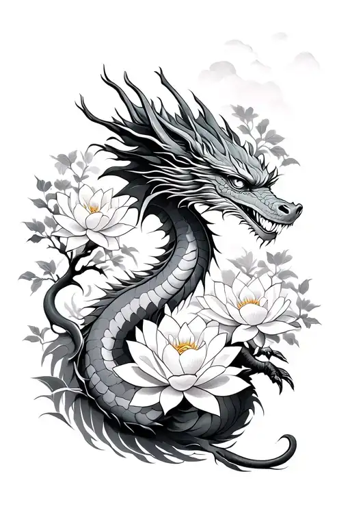 Full Dragons With Cherry Blossom Trees And Lotus Flowers