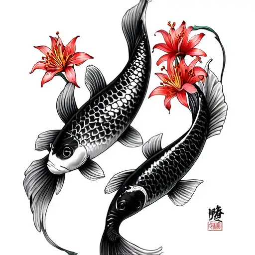 Two Koi Fish Facing Each Other Surrounded By Red Spider Lily Flowers