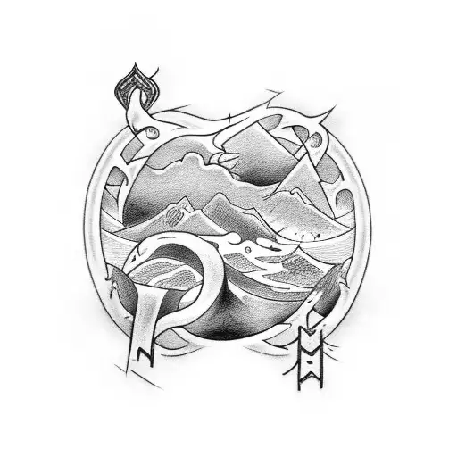 A Black-grey Tattoo Of A Fjord Surrounded By Norse Symbols Representing Healing And Medicine