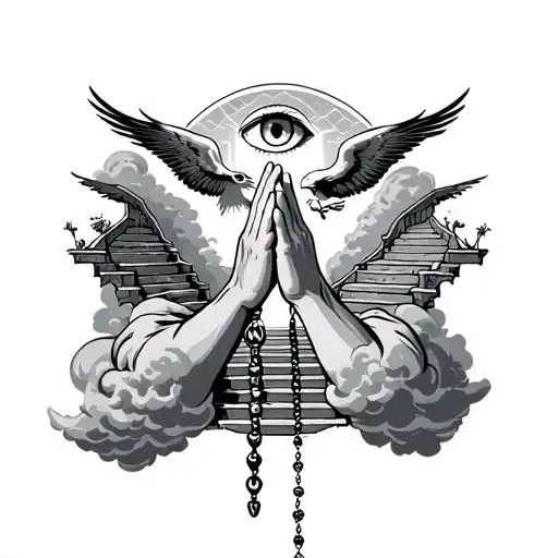 Praying Hands Holding A Rosary Surrounded By Clouds With Staircases With An Eye And A Eagle