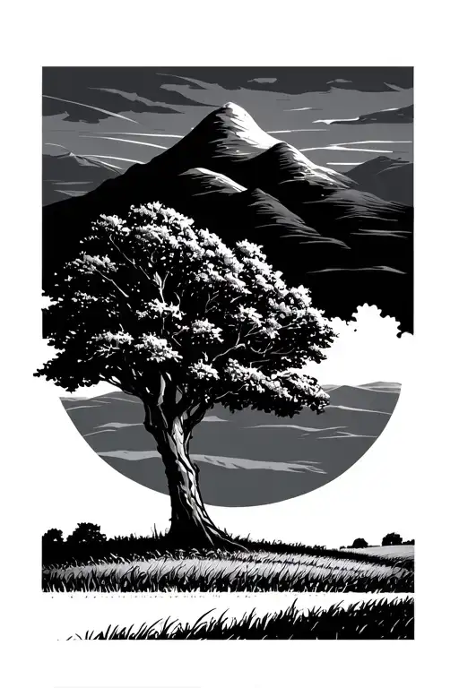 Landscape With Field And Tree Growing