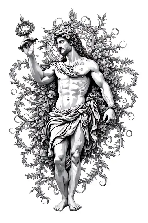 Greek God Surrounded By Filigree Vine Intertwined