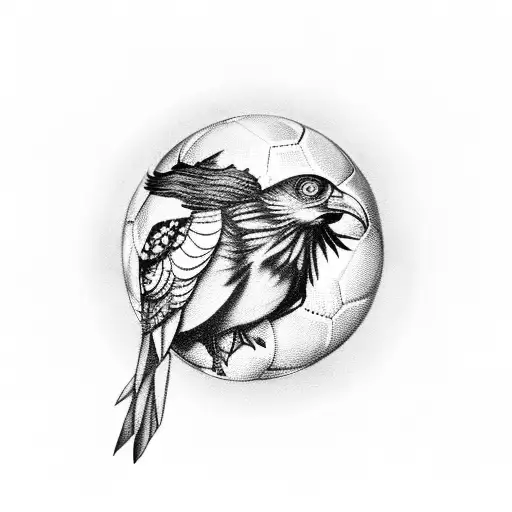 A Black And Grey Tattoo Of A Majestic Bird Holding A Soccer Ball In Its Talons