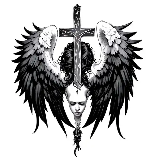 Upside Down Cross With Black Angel Wings