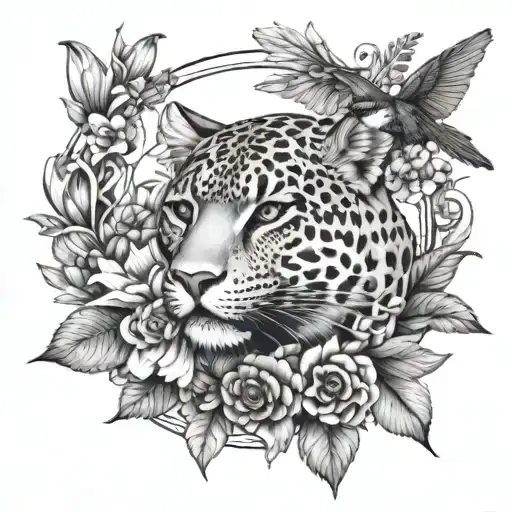 A Floral Wreath With A Hidden Jaguar And Hummingbird Among The Petals