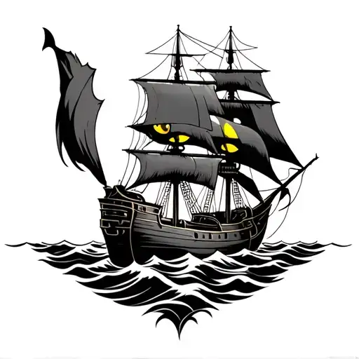 Galleon Ship With Yellow Wolf Eyes Over Top
