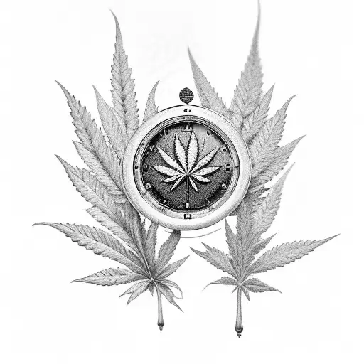 A Black-grey Tattoo Of A Marijuana Leaf Intertwined With Musical Notes And A Clock Face